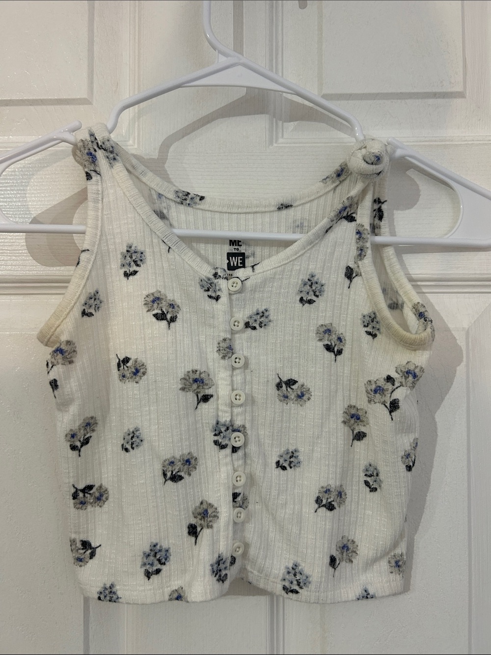 Me to We White Ribbed Tank with Subtle Blue Floral Accents-XS